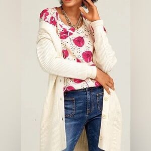 CAbi Cream and Fuschia Floral
Print blouse